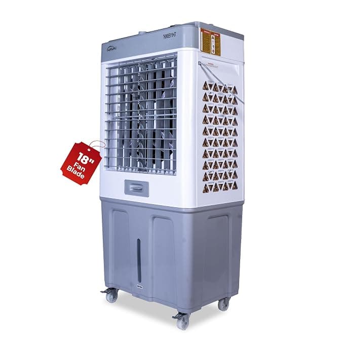 HAVAI Thunder 18+ Glass Top Desert Cooler | 18” Aluminium Blade | 100L Tank | 3-Side Honeycomb Pads | 20 Ft Air Throw | Heavy-Duty 110mm Motor | Auto Swing | White & Grey