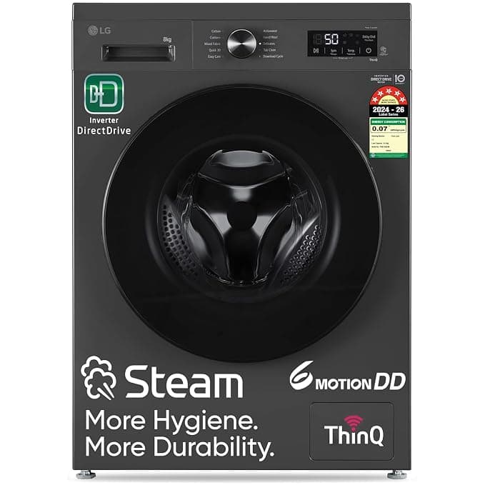 LG 8 Kg, 5 Star, Wi-Fi, Direct Drive Technology, Steam Wash, 6 Motion DD, Fully-Automatic Front Load Washing Machine (FHB1208Z4M, Allergy Care, In-Built Heater, Touch Panel, Middle Black)