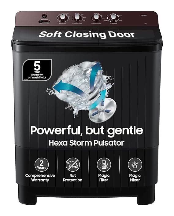 Samsung 8 kg, 5 Star, Soft Closing Door, Hexa Strom Pulsator, Semi-Automatic Top Load Washing Machine (WT80F4560RD/TL, Light Gray, 5 Year Warranty on Wash Motor)