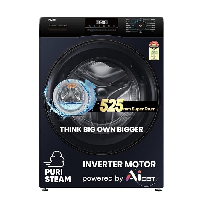 Haier 8Kg, 5 Star, Powered by AI-DBT, Ai Wash, PuriSteam with Inbuilt Heater, 525 mm Super Drum Fully Automatic Front Load Washer (EFL80-IM12IBIEBK | Black)