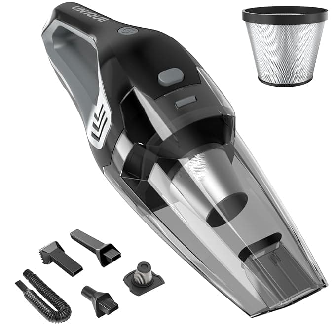 UN1QUE Cordless Vacuum Cleaner for Car Use | Home Use, 8000Pa Suction Portable Rechargeable Car Vacuum Cleaner 2 in 1 with Steel Mesh Filter, 650ML Dustbin, 4 Nozzles, USB Rechargeable (Grey)