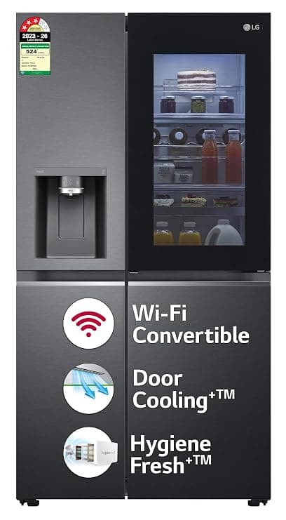 LG 630 L, 3 Star, Frost-Free, Inverter, Wi-Fi Convertible, InstaView Door-In-Door, Side-By-Side Refrigerator with Ice and Water Dispenser (GL-X257AMC3, Matte Black, Door Cooling+ with Hygiene Fresh+)