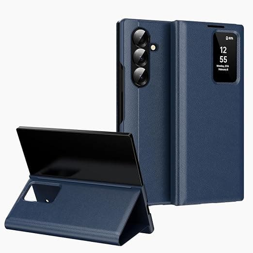 Smart View PU Leather Case for Samsung Galaxy Z Fold 7 - Wallet Flip Cover with Card Holder, Kickstand & NFC Window Display Activation via App, Cover Z Fold7 (Blue)