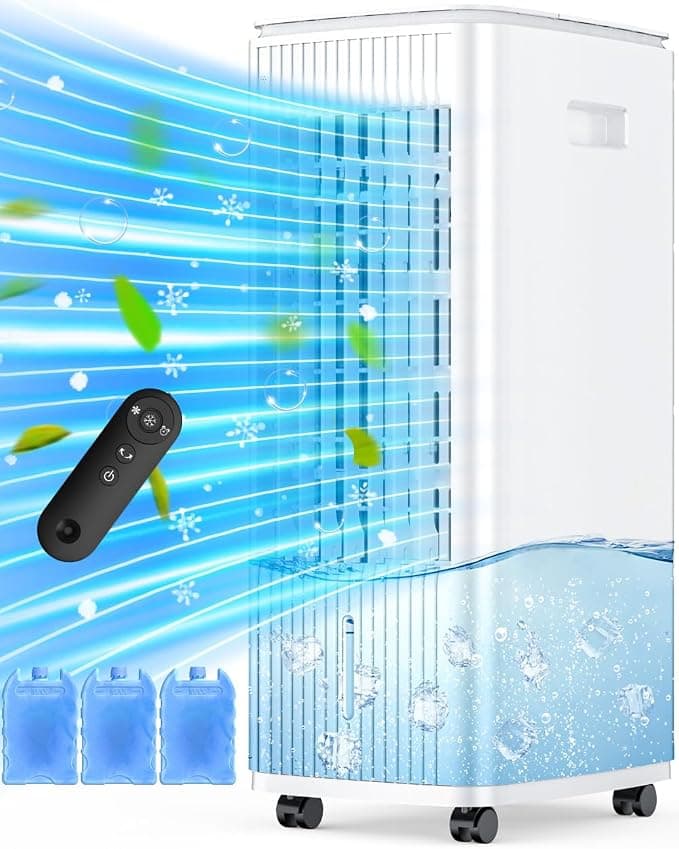 Evaporative Air Cooler, 25 Inch Swamp Cooler with Double Tanks, 7 Hour Timer, 3 Metre Remote Control, 3 Ice Bags, 70 Degree Oscillation, 3 Speeds and 2 Modes