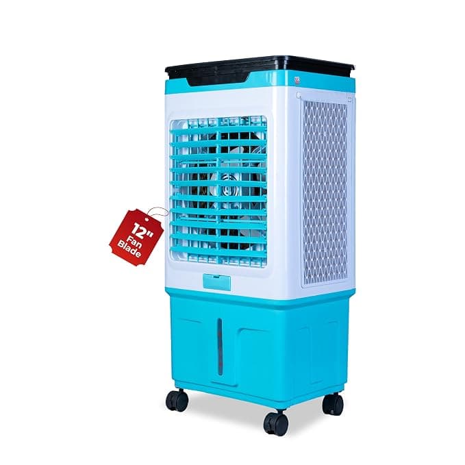 HAVAI Premium Glass Top GT 12 | 12" Fan Blade | 40 Litre Tank Capacity | 160W Power | 15ft Air Throw | Personal 3-Side Honeycomb Cooling | Sleek Glass Top Design | 4 Castor Wheels (BLUE)