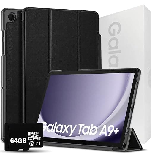 Samsung 2024 Galaxy Tab A9+ 11” 64GB | Android 13 WiFi Touchscreen International | Big Screen, Quad Speakers, Slim | Tablet Bundle - Hard Back Trifold Stand Case + 64GB SD Card (Grey) | MdTec