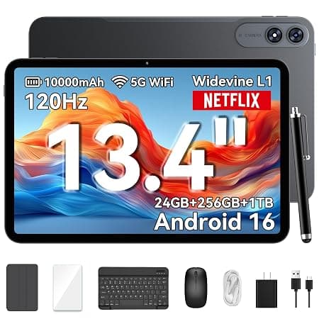 Tablet 13.4 Inch Android 15 with Keyboard, T60Pro 120Hz FHD Display, 24GB RAM + 256GB ROM, 10000mA, WideVine L1/16MP + 8MP AI Camera/Face ID/GPS,Octa-Core Gaming Tablets with Pen, Mouse, Case