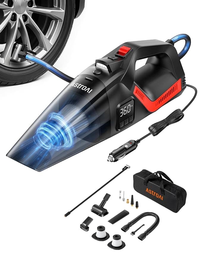 AstroAI 4-in-1 V3 12V DC High Power Handheld Car Vacuum Cleaner for Car,Home,Pet Hair Cleaning, 150 PSI 16.4FT Cord Digital Pressure Gauge & LED Light Portable Tire Inflator for Cars,Bikes,SUVs,Balls