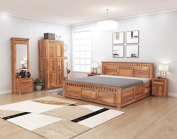 SONA ART & CRAFTS Kuber Solid Sheesham Wood Bedroom Set | Queen Size Bed with Box Storage, Wardrobe, Dressing Table & Two Bedside Tables - Natural Finish (Assembly Included)