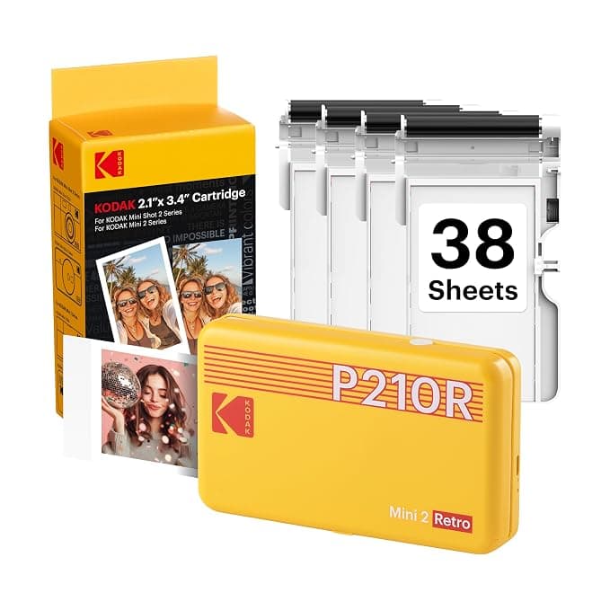 KODAK Mini 2 Retro 2x3 Portable Photo Printer, 4PASS, 38 Sheets, Yellow