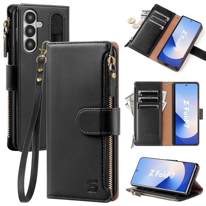 Shieldtop Compatible with Samsung Galaxy Z Fold7 5G Wallet Case with S Pen Holder,Fold 7 Phone Case Women Men RFID Blocking PU Leather Flip Protective Cover Wrist Strap Credit Card Slots,Black