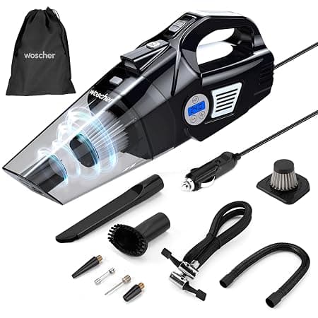 Woscherr AirVac Pro Car Vacuum Cleaner 2in1 & Tyre Inflator for Car and Bike 150 PSI |120 Watt Car Vaccine Cleaner High Power 5500PA Handheld|LED Light| Auto Shut Off| Wet/Dry Use