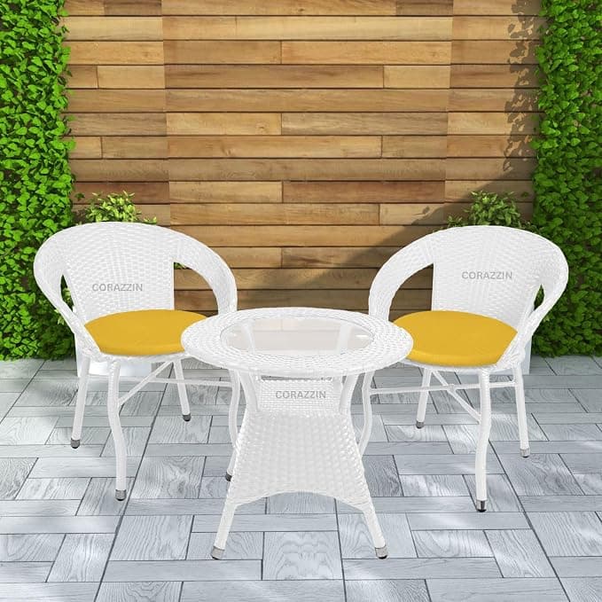 Rattan Wicker Garden Patio Seating Chair and Table Set for Outdoor Balcony Garden Coffee Table Set Furniture with 1 Table and 2 Chair with Yellow Cushion (White)