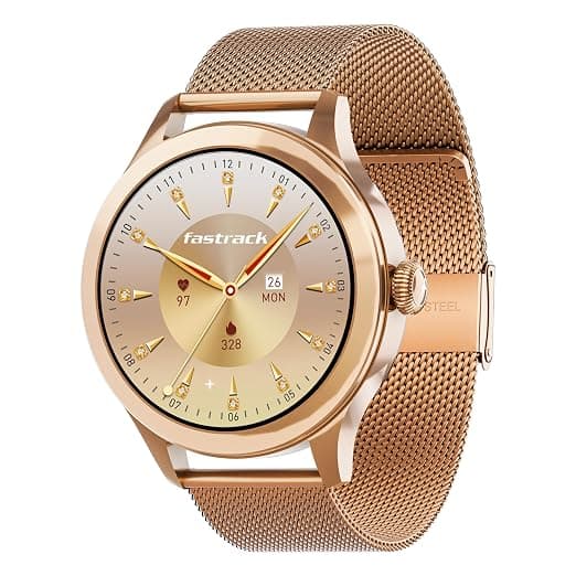 Fastrack Noir Pro 1.19" Super AMOLED Metal Smart Watch with 1000 Nits Brightness, BT Calling, 24/7 Health Suite, Functional Crown, Zinc Alloy Case – Smartwatch for Women (Rose Gold) (68042WM01C)