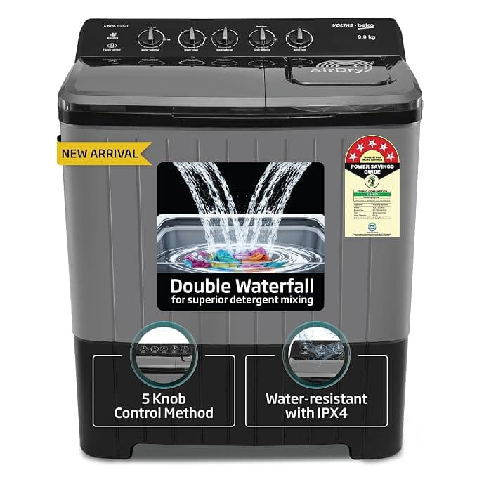Voltas Beko, A Tata Product 9 Kg 5 Star Semi-Automatic Top Loading Washing Machine (WTT90UHA/OK5B1B1S23, Black, Pulsator Wash Method and Double waterfall technology)