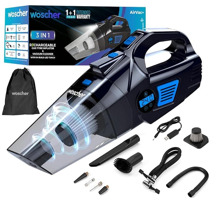 WOSCHER AirVac Pro+ 3in1 USB Rechargeable Car Vacuum Cleaner Cordless,Tyre Inflator,150 PSI Digital Air Pump for Car Tyre|120 Watt Car Vacuum Cleaner High Power 6000PA |LED Light| Auto Shut Off
