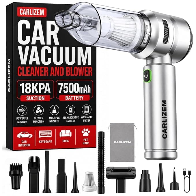 Carlizem® TurboJet500 4-in-1 18000PA Powerful Car Vacuum Cleaner & Air Blower | Wireless 4X More Suction Power BLDC Motor | 3 Suction Speeds | 30 Mins Runtime Rechargable Type C 18 Months Warranty